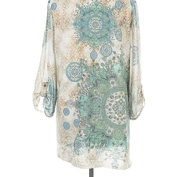 Chico's Sz 2 Assymetric Hi-Lo 3/4 Sleeve Mandala Pattern Boho Blouse - Picture 5 of 10